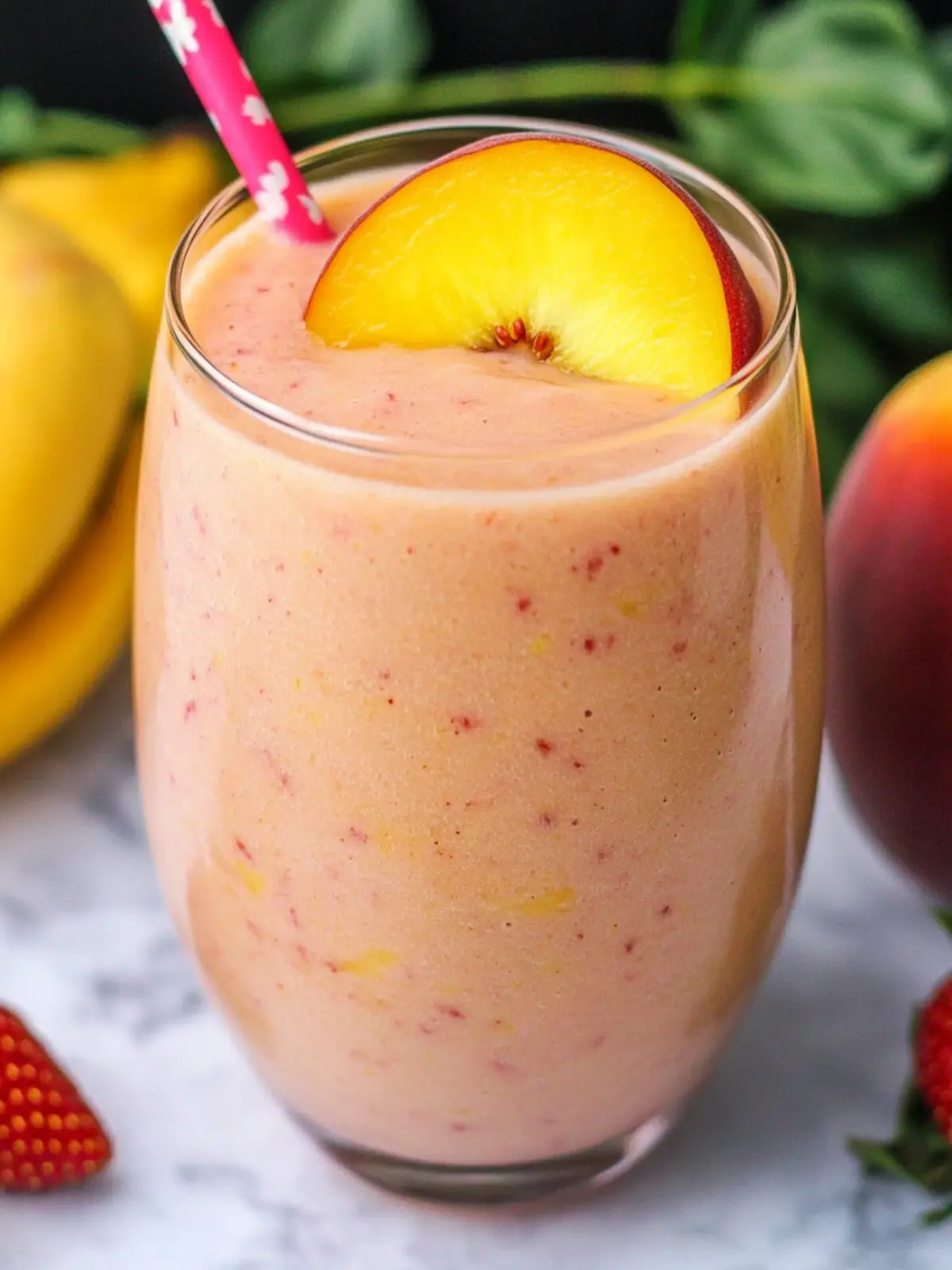 Healthy Vegan Mango Peach Strawberry Smoothie Recipe